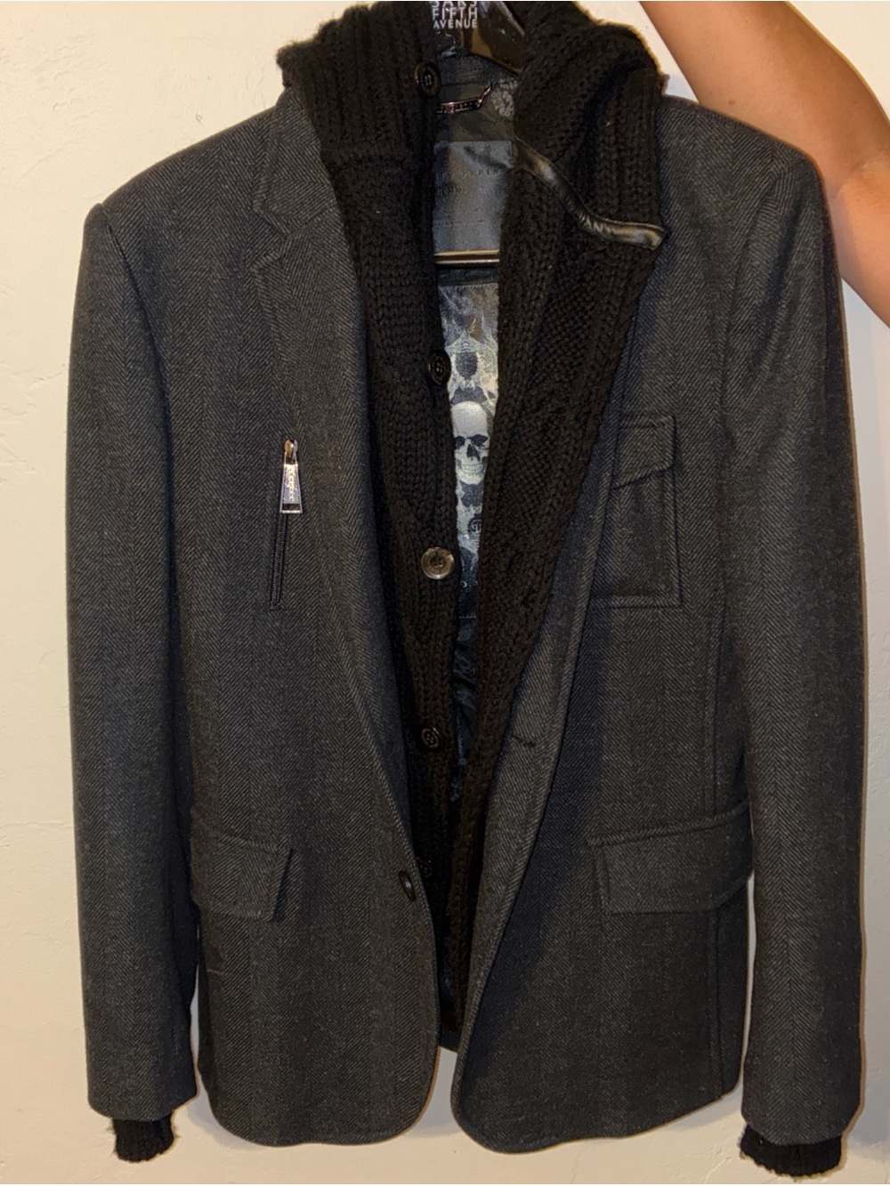Philipp Plein Black/Gray Skull & Bones Herringbone Blazer Slim Fit Medium 38 NWT